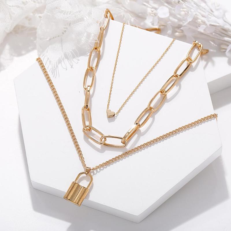 

kissme Punk Lock Heart Pendant Necklaces For Women Gold Color Alloy Fashion Jewelry Wholesale 2021 New Layered Chains Necklaces