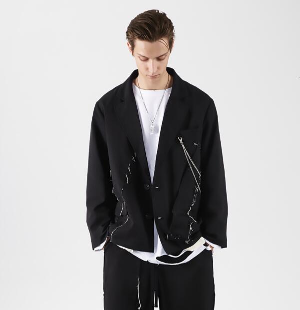 

2021 New Male Deconstruction Destroyed Tassel Wool Seam Suit BHMR, Black
