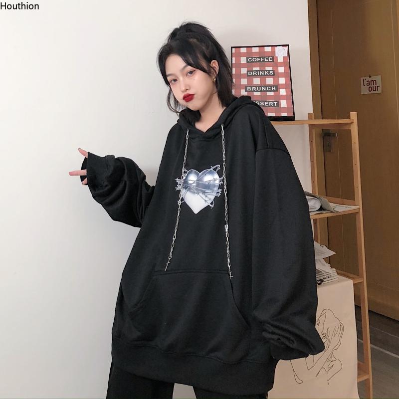 

Houthion Women Sweater The New Fashion Casual Temperament Spring and Autumn Plus Velvet Hooded Printing Long Sleeve Pullovers, Black