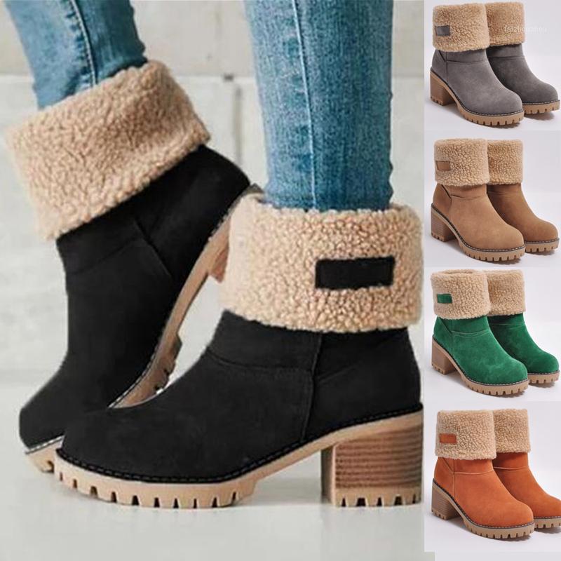 

Women Winter Boots Casual Flock Leather Warm Fur Female Snow Boot Outside Solid Slip-On Middle Heel Ankle Boot Short Bootie1, Green