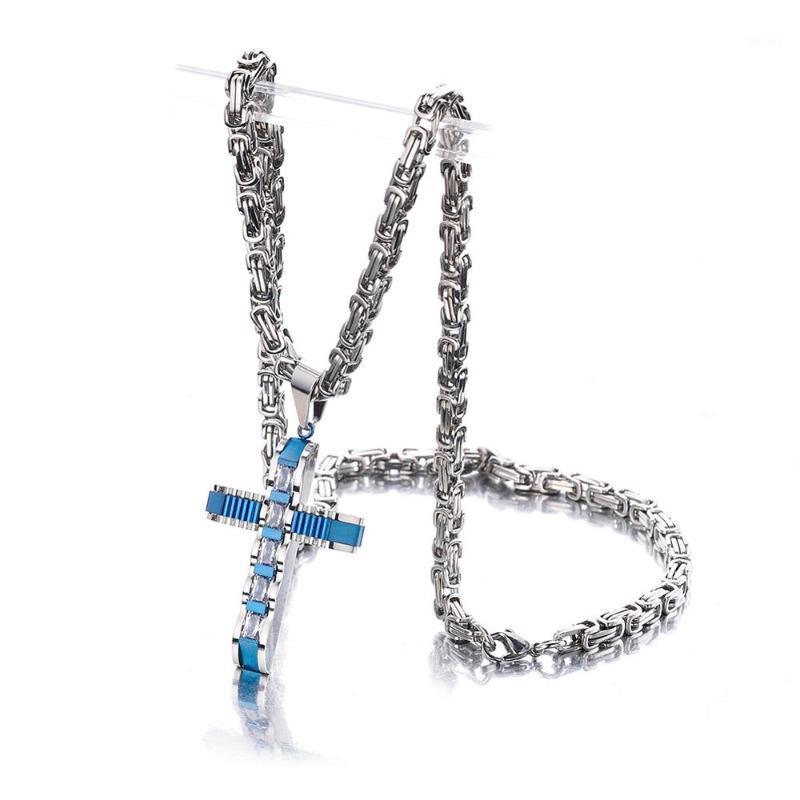 

Christmas Gift Trendy Jewelry Stainless Steel Byzanine Chain Blue Cross Jesus Crucifix Pendant With CZ Necklace For Men Women1