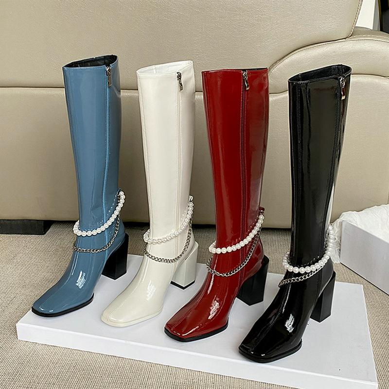 

Genuine Leather High Quality Women Knee High Boots Fashion Square Toe Women Thick Heel Boots Side Zipper Women's Shoes, Heel height 8.5