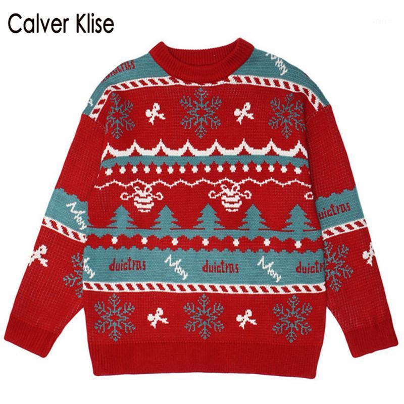 

Calver Klise Christmas Tree Snowflake Knitted Jumpers Sweaters Harajuku Casual Pullover Crewneck Knitwear 2020 Men Fashion Tops1, Red