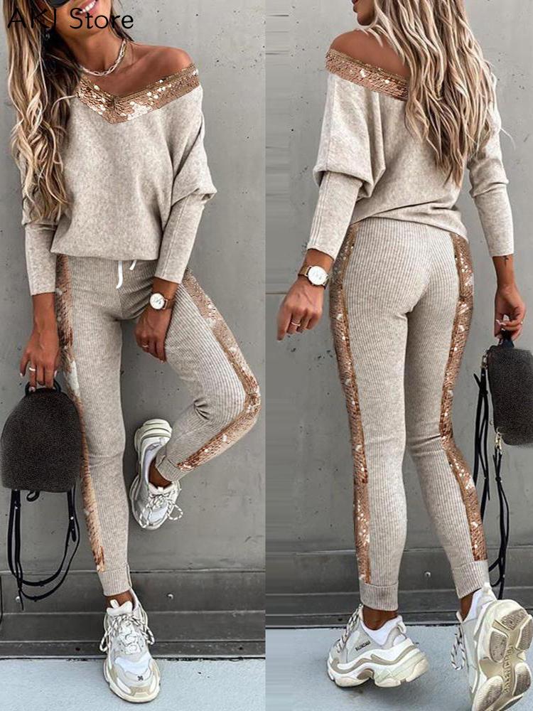 

Women Fashion Sequins Patchwork Long Sleeve Top & High Waist Pants Sets, White