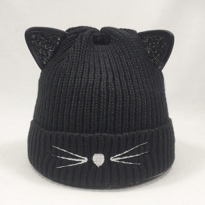 

Cat Shaped Sequin Ears Women Beanie Hat Winter Fleece Inside Warm Knitted Cap Black Grey Red Pink Yellow Beige