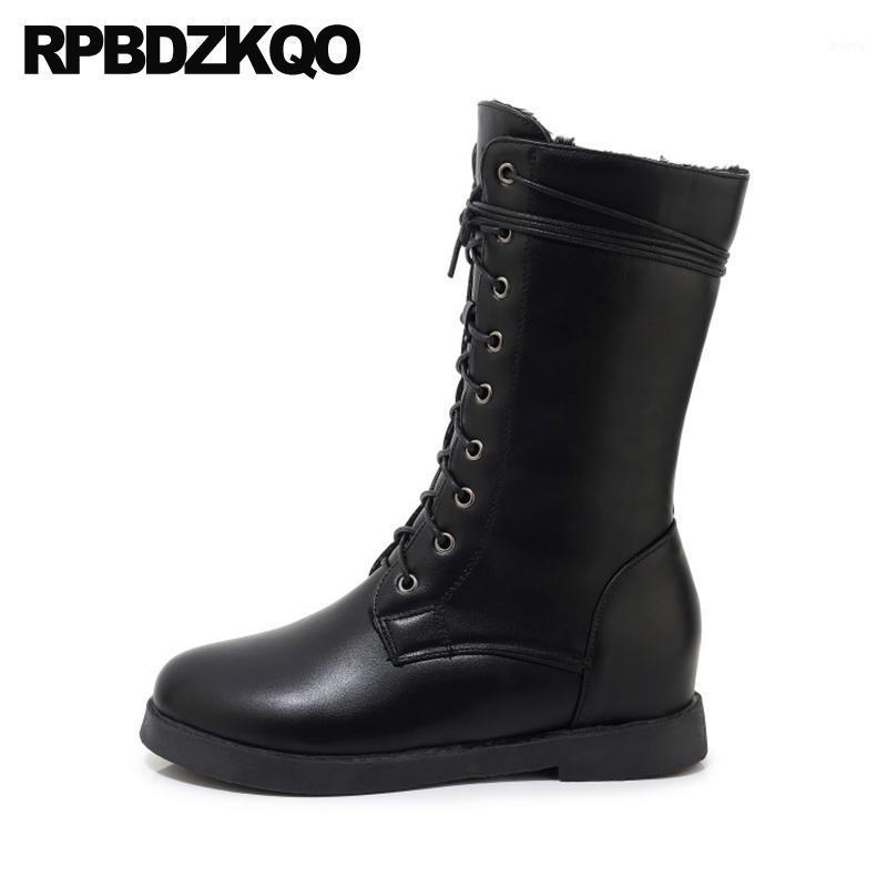 

big size waterproof autumn mid calf combat black cheap 10 side zip boots lace up women shoes plus height increasing new1
