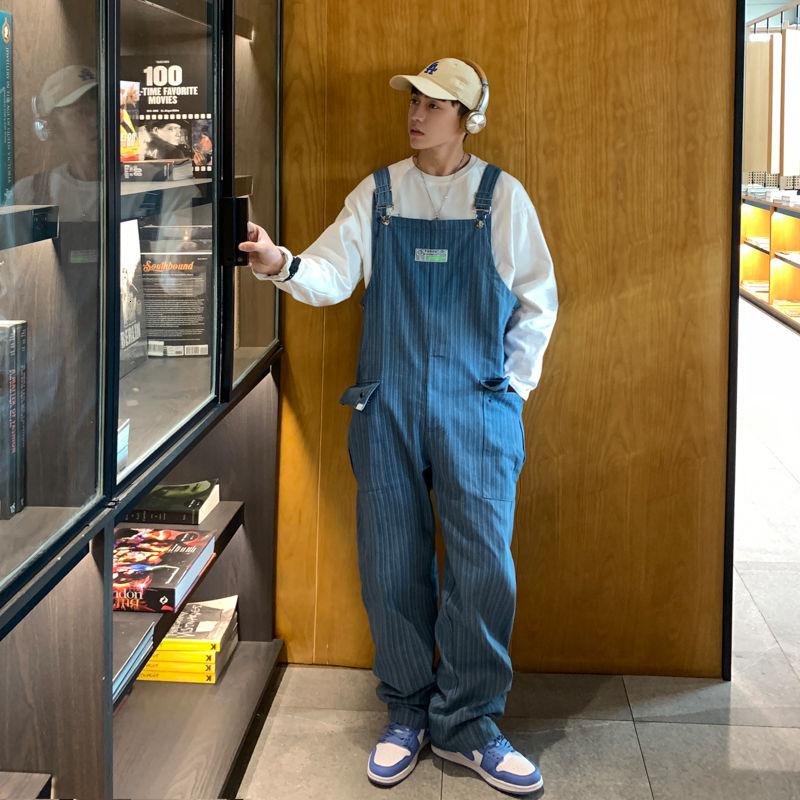 

2021 Spring And Autumn New Youth Popular Couple Loose Striped Jumpsuit Fashion Casual Big Pocket Suspender Overalls -XL, Sky blue stripe