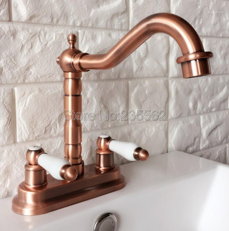 

Antique Red Copper Swivel Spout Bathroom Basin Faucet and Kitchen Sink Faucets Dual Handle Cold / Hot Water Mixer Taps Lrg0431