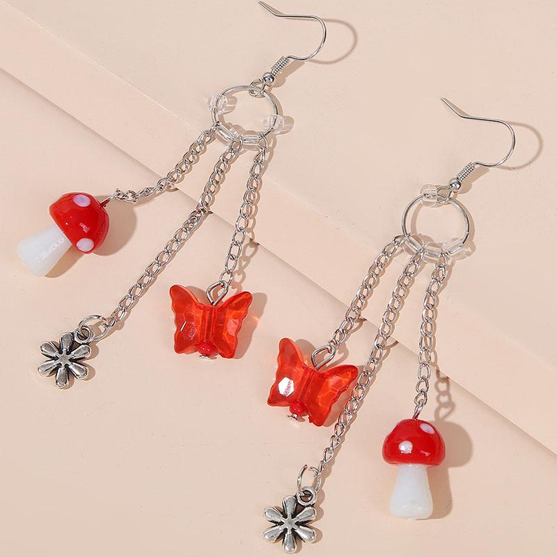 

Cute Butterfly Flower Mushroom Drop Earrings For Women Fashion Silver Color Metal Chain Tassel Dangle Earring Jewelry Girls Gift