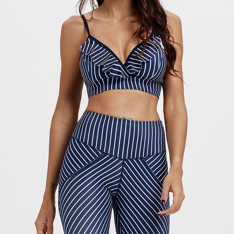 

Stripe Print Women Seamless Yoga Set Ruffle Running Sportswear Fitness Tant Top Sports Suit Gym Yoga Suit 2021 Workout Set, Blue