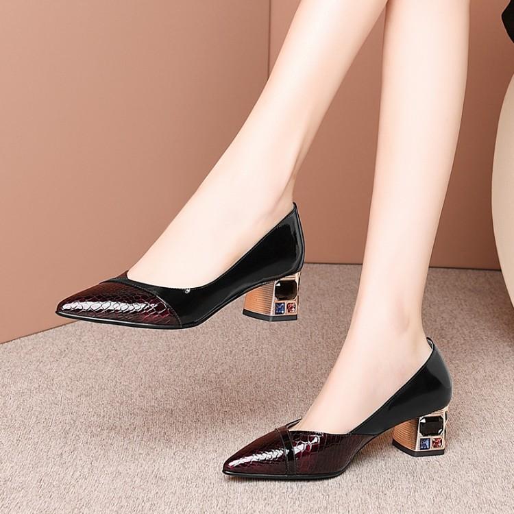 

MLJUESE 2021 women pumps autumn spring soft cow leather pointed toe wine red crystal high heels lady shoes size 42 party, Black