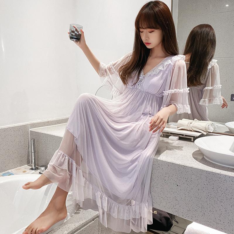 

Lisacmvpnel Princess Royal Style Modal Nightdress Can Be Worn Outside Nightgown With Chest Pad Female Summer Sleepwear, Blue