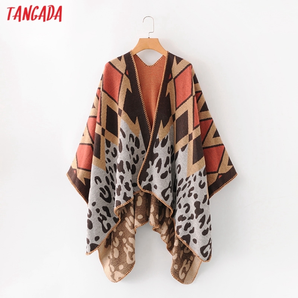 

Tangada 2020 autumn winter women geometry print cape jumper lady oversized knitted cardigan coat 2M203, Tan;black