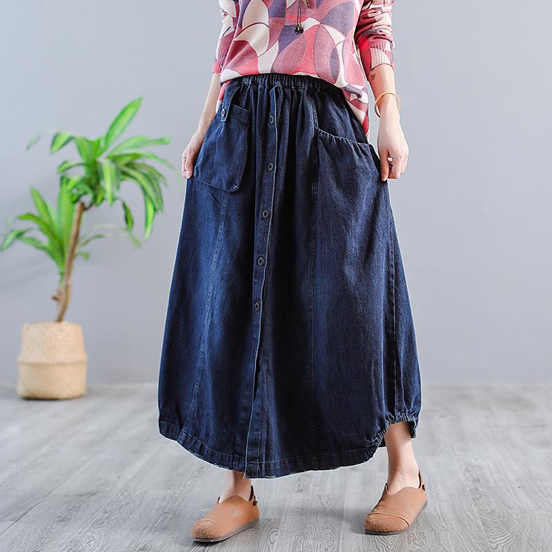 

Free Shipping 2020 New Long Maxi Women Elastic Waist Spring Summer Denim Cortton Casual Skirts A-line Pockets Single Breasted, Blue