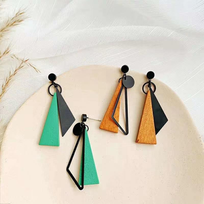 

2020 New Fashion Triangle Geometric Long Drop Earrings For Women Orange Green Jointed-Color Wooden Earrings