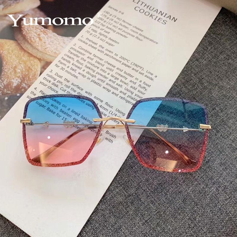 

2020 Oversized Rimless Square Sunglasses Women New Fashion Flat Top Red Blue Clear Lens One Piece Men Gafas Glasses