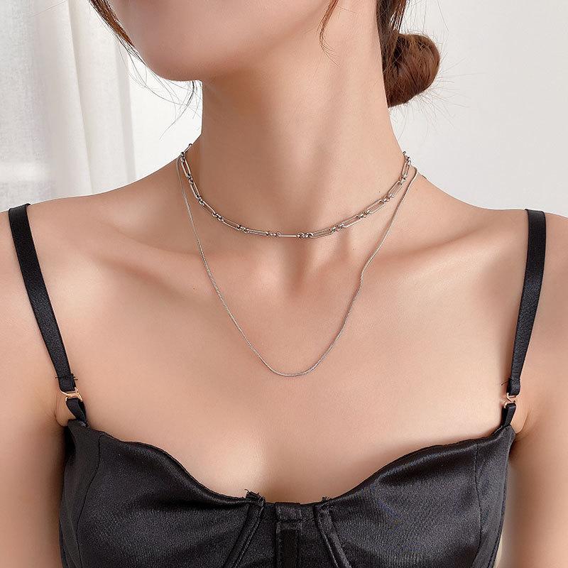 

Hip-hop Rock Accessories Personality Stainless Steel Necklace Double Layer Chains Women Jewelry