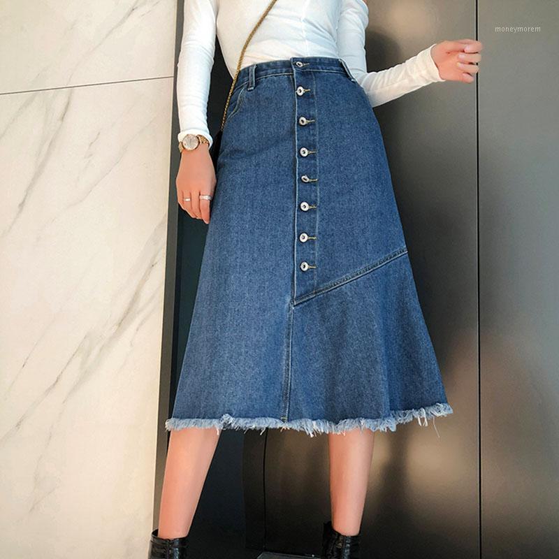 

Larger Size Streetwear Fashion Patchwork Mid Women' Skirts Summer Autumn 2020 Single Breasted Tassel Jeans Skirt Korean Style1, Blue