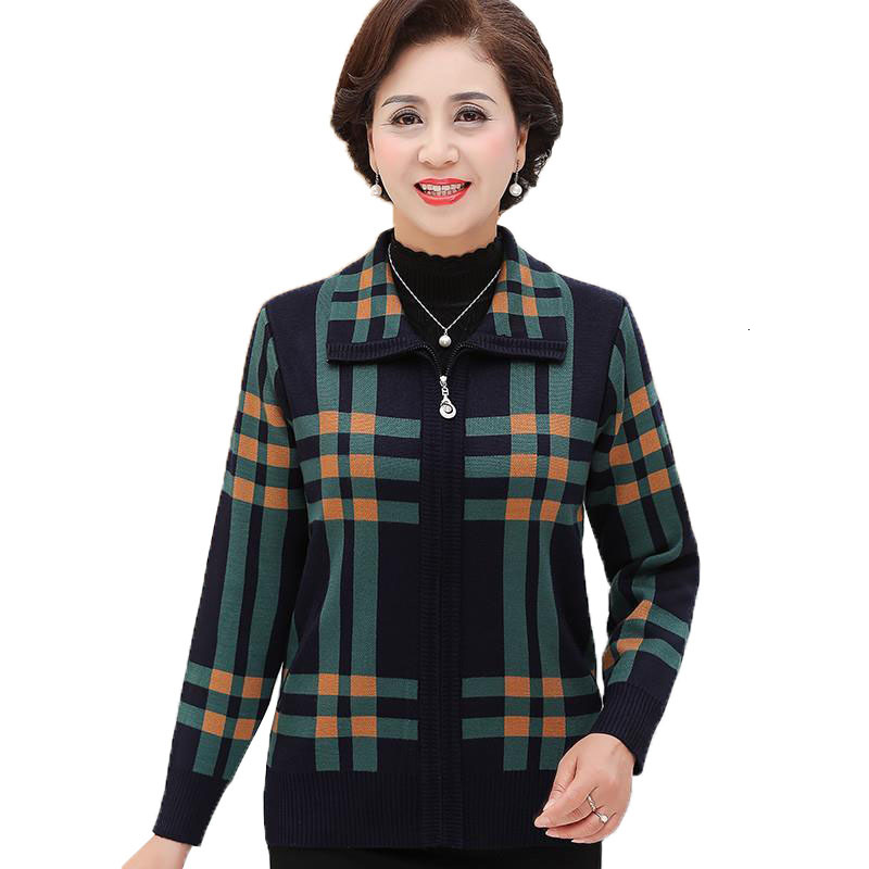 

Women's Knitted Shirt Casual Winter Chess Middle-aged Elderly Cardigan Sweaters with Zipper R-705 Tops Ekvp, Green
