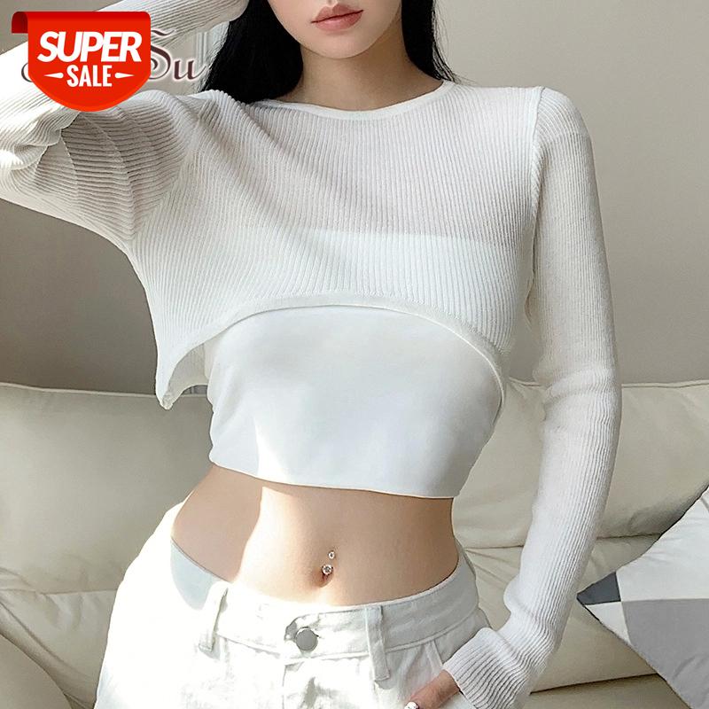 

ArtSu White Women T-shirt Knitted Streetwear Long Sleeve O-neck Cropped Top Female Loose Super Short Tee Shirt Harajuku TS52232 #114A