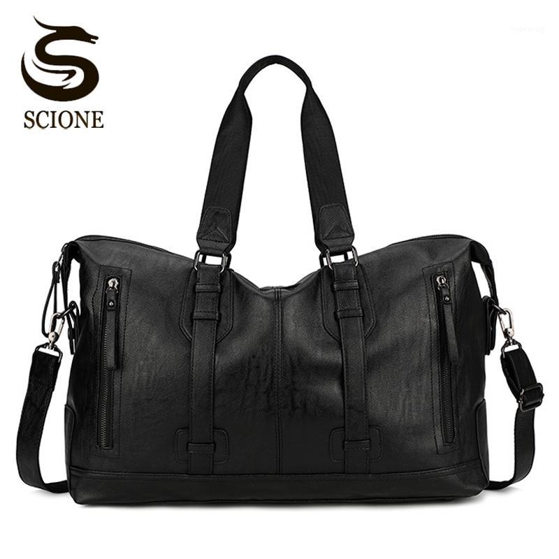 

Large Capacity Travel Duffle Bags Men PU Leather Travelling Handbag Business Weekend Handbags Men's Carry On Luggage Bag XA129M1, Black