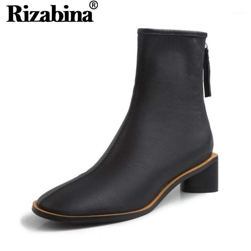 

RIZABINA 4 Colors Women Ankle Boots Fashion Solid Color Real Leather Warm Winter Boots Fashion Back Zipper Footwear Size 33-401, White