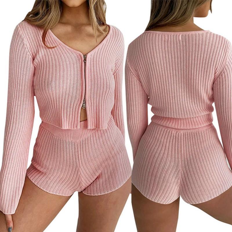 

Ladies Autumn And Winter V-neck Casual Zipper Trumpet Sleeve Pit Strip Long-sleeved Blouse And Female Shorts Casual Lady Suit