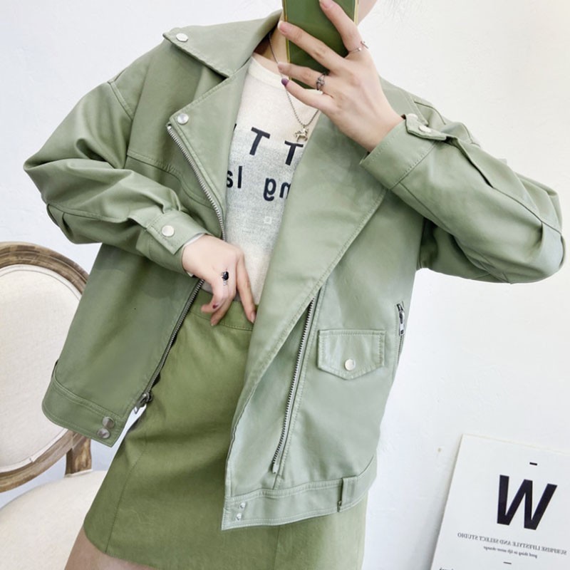 

2021 New Autumn Women Style Bf Green Faux Leather Jacket Streetwear Batwing Luva Moto Coat Outwear J0GI