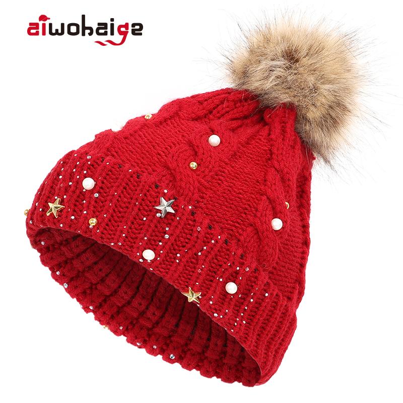 

2020 New Fashion Ladies Pompom Knit Beanie Women Shiny Casual Rhinestone Hat Christmas Female Warm Soft Cap Skullies Bonnet Girl, White
