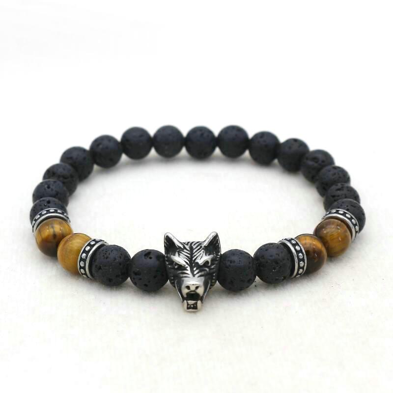 

Titanium steel Wolf Head Beaded Men Bracelet Fashion Natural Tiger Eye Volcano Lava Stone Bracelet for Men Jewelry Friend Gift