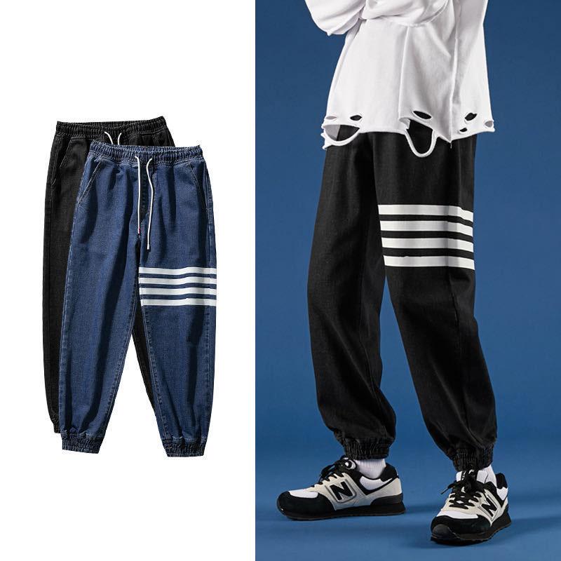 

Men Loose Fashion Cotton Jeans Causal Striped Denims Skateboard Boy Pants Elastic Waist Old Daddy Trousers Streetwear Sweatpants, Black