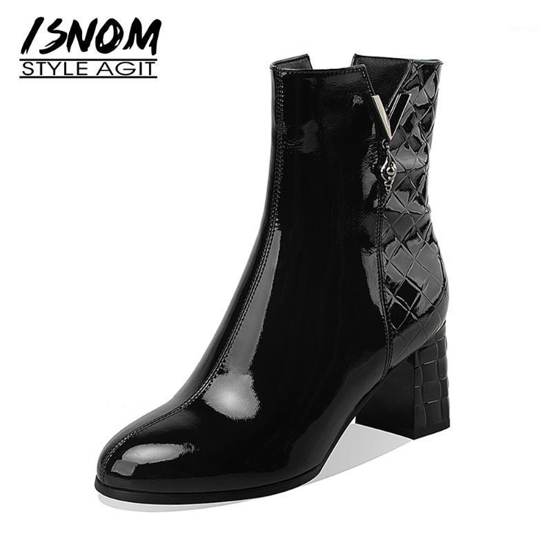 

ISNOM Women Genuine Leather Ankle Boots Zip Skid Proof Boots Chunky High Heel Round Toe Warm Short Plush Winter 20201, Black
