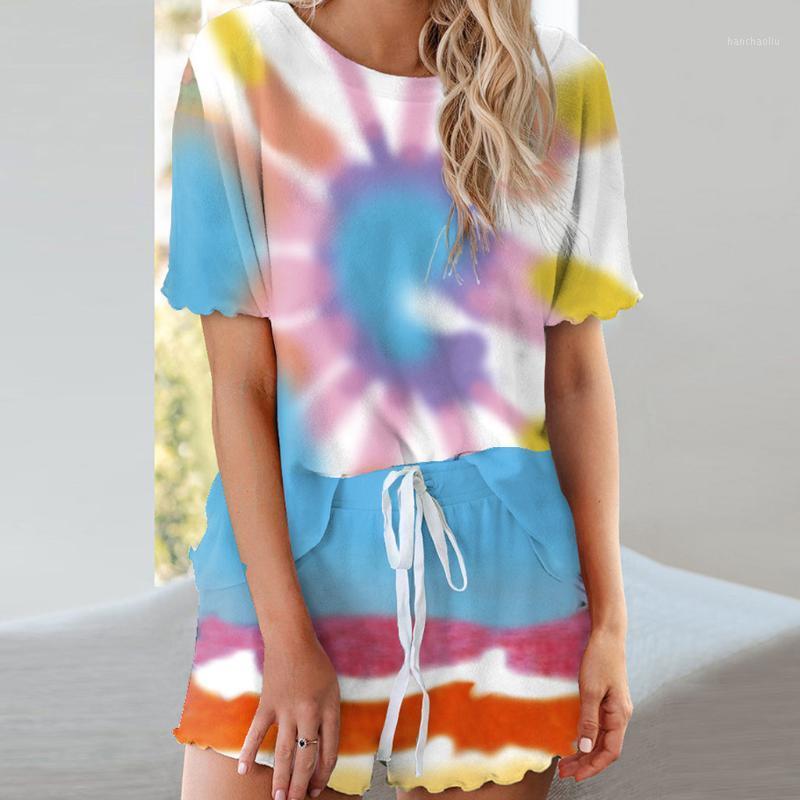 

Women Set Summer Tie Dye Short Sleeve Top Shirt Loose And Biker Shorts Casual Two Piece Set Lounge wear Outfits Tracksuits#31, Pink