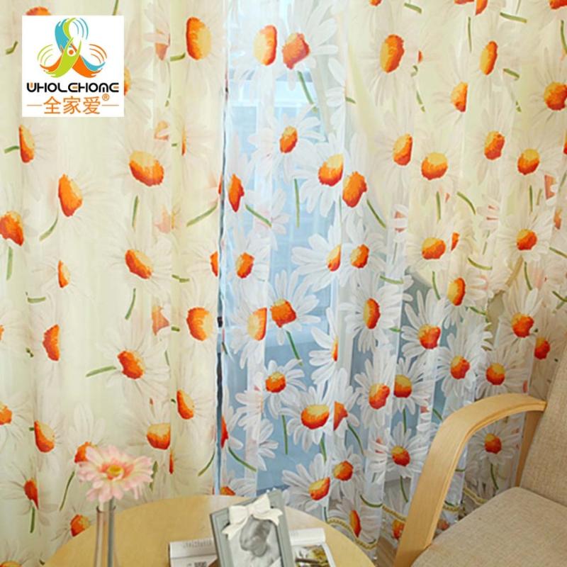 

1 Piece Daisy Pastoral Curtain The Finished Living Room Curtain Pull-up French Window Voile, Rod pocket