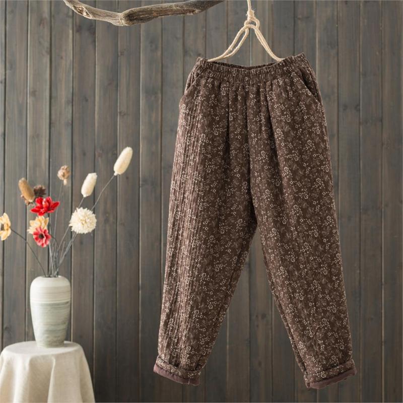 

Winter Women Pants Cotton Padded 2021 New Vintage Floral Thick Cotton Linen Harem Pants Casual Loose Women Warm Trousers