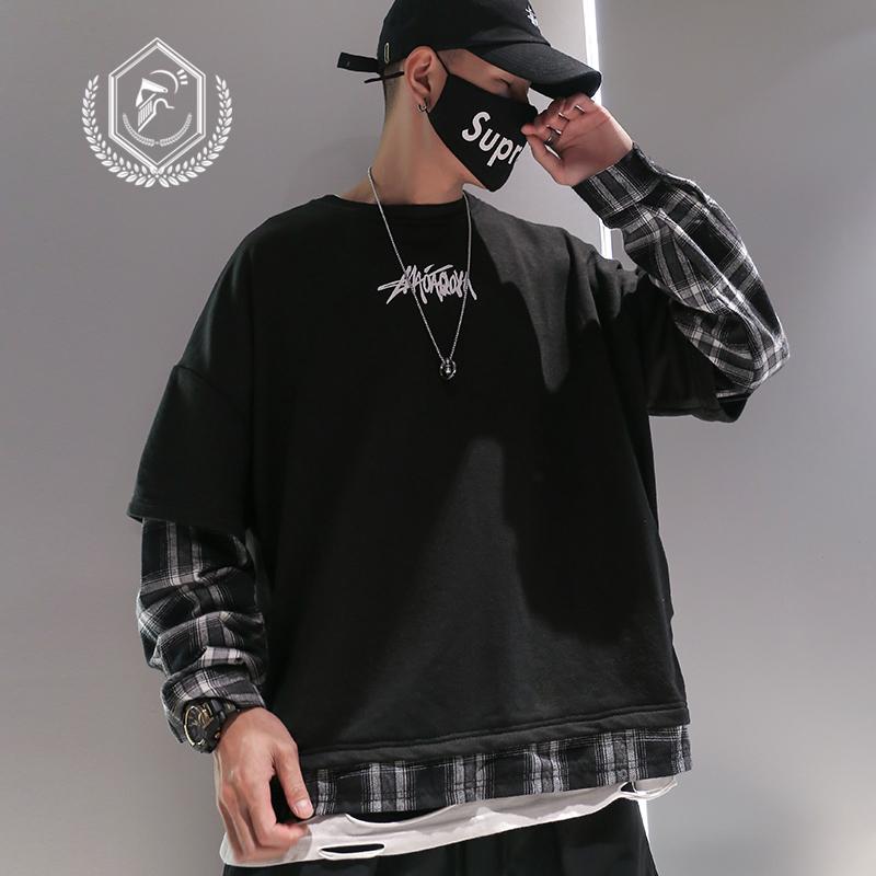

Men Fashion Loose Print Plaid Casual Pullover Hip Hop Sweatshirts, Black