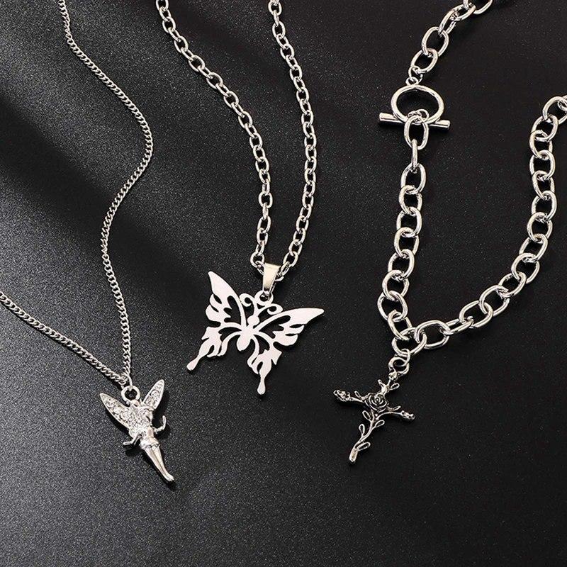 

Kpop Gothic Harajuku Multi-layer Angel Cross Rose Butterfly Pendant Chains Necklace For Egirl Women Men Punk Aesthetic Jewelry