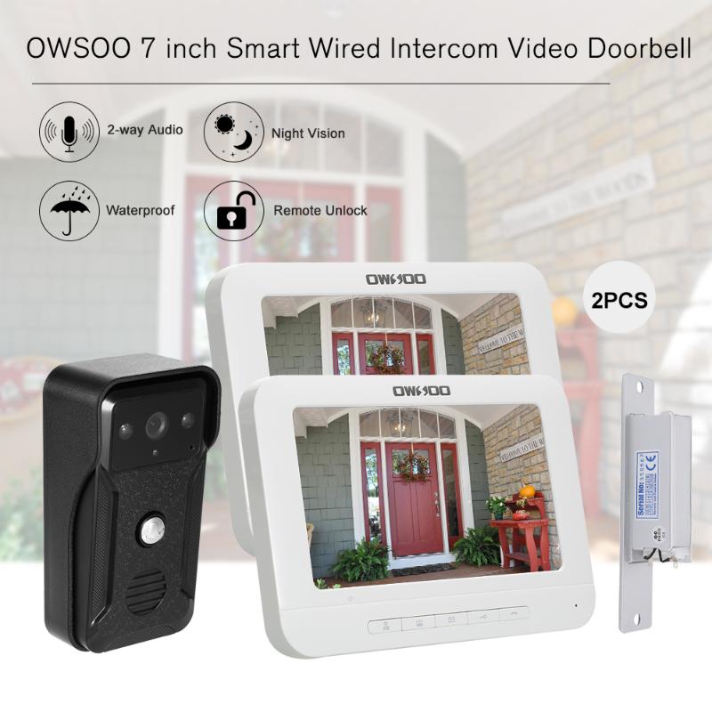 

OWSOO 7 inch Wired Video Doorbell Door Lock 2Indoor Monitor IR-CUT Outdoor Camera Visual Intercom Remote Unlock Video Door Phone