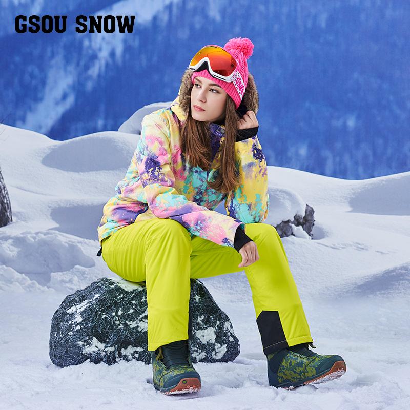 

New Gsou snow single and double ski suit, hair collar, warm, windproof, waterproof ski suit, female best-selling, One
