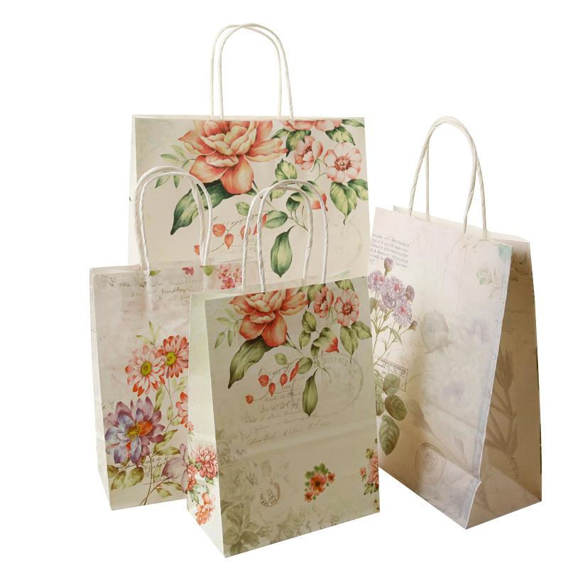 

10pcs Cookie Candy Packing Bag Flower Kraft Paper Bags Christmas Festival Party 25*18*10cm Party Favor Stand Bags with Handles