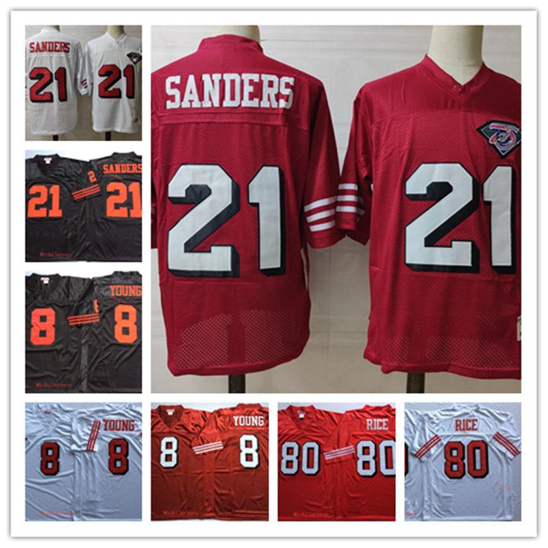 

Mens #8 Steve Young Football Jersey Stitched #21 Deion Sanders #80 Jerry Rice Vintage 75TH Jersey, Black