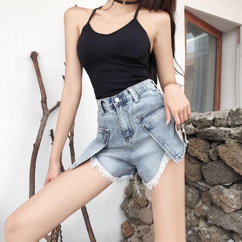 

Summer Womens High Waist Ladies Casual denim Shorts feminino Fashion tassels button Bodycon short jeans femme Streetwear, Black