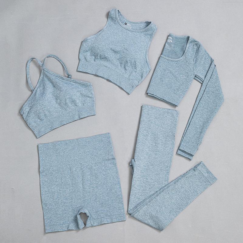 

5 Pcs Suit Yoga Set Sport Bra High Waist Yoga Pants Gym Vest Fitness Long Sleeve Crop Top Women Tracksuit, 5pcs set pink