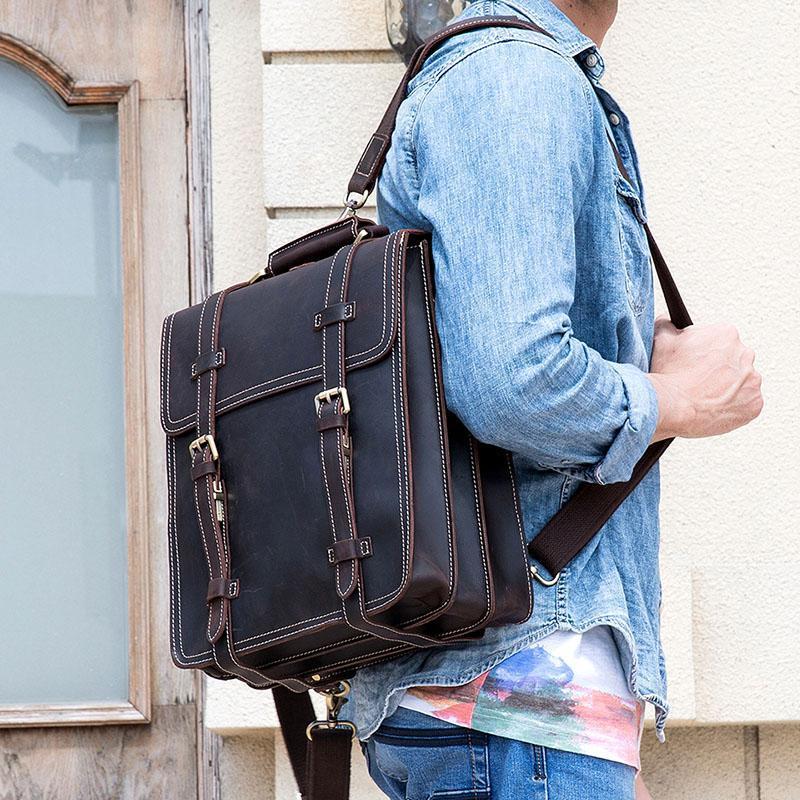 

Crazy horse genuine leather men backpack 14" Laptop bag cow leather business tote bag 2 use cow rucksack weekend1, Brown