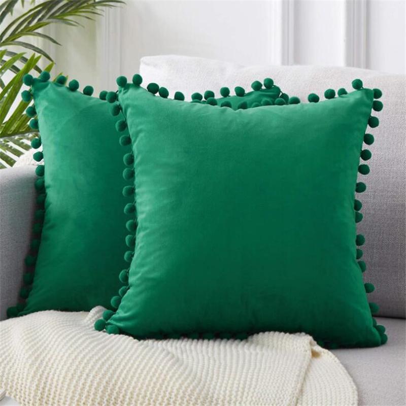 

Soft Velvet Pillow Cover Solid Cushion Cover Luxury Square Decorative Pillows With Balls For Sofa Bed Car&Home Throw Pillows, Red