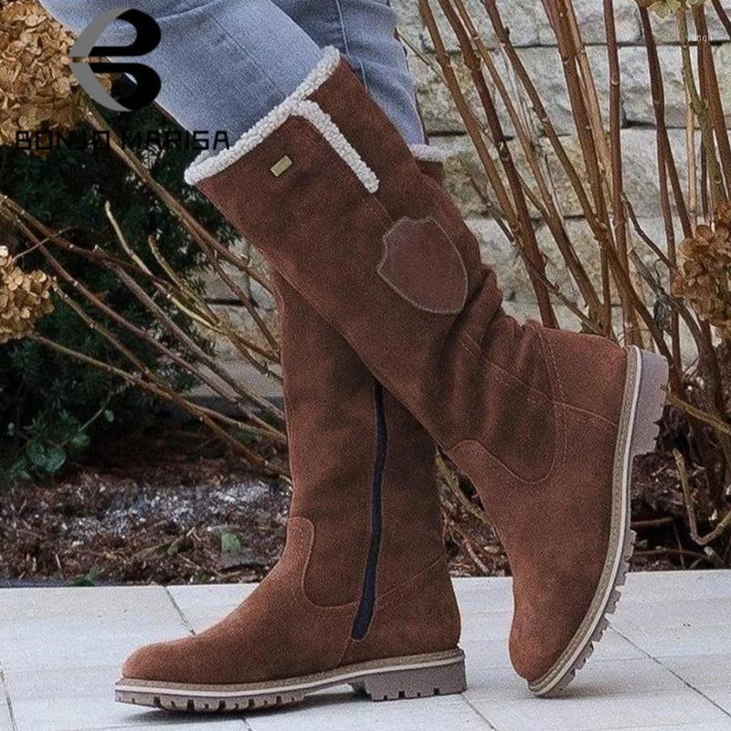

BONJOMARISA Female Round Toe Flock Solid Mid Calf Low Heel Winter Brand Fashion Casual Boots Women 2020 Shoes Woman1, Black