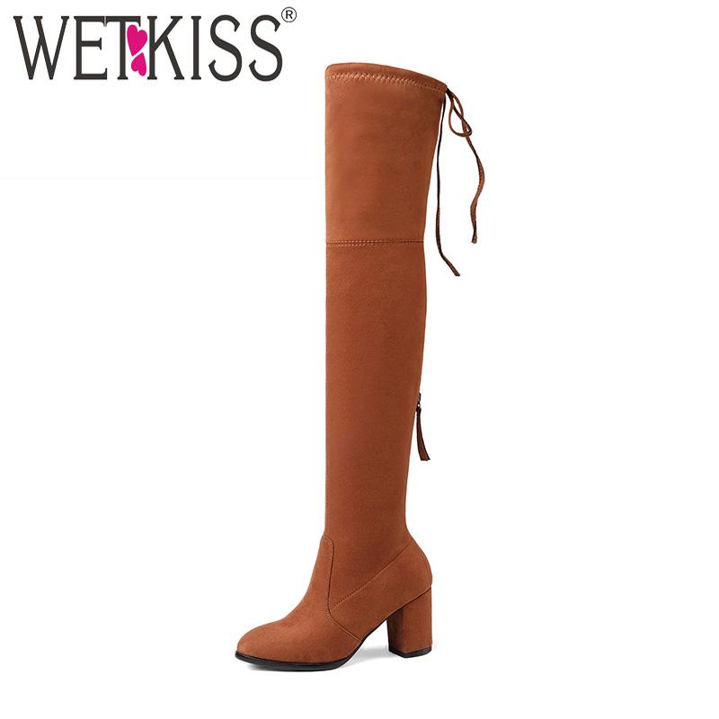 

WETKISS 2020 Latest Woman Thigh High Boot Faux Suede Stretch Lady Over Knee Boot Thick High Heels Shoes Women Winter Big Size, Red