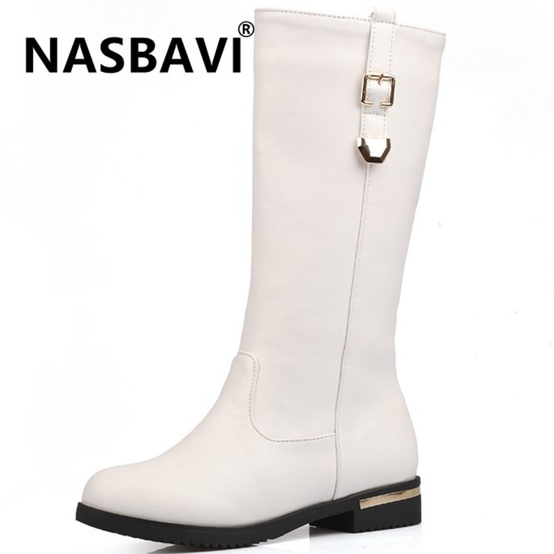 

New buckle Women Boots PU Leather Winter round head Low-heeled Solid Color Mid-Calf Ladies Warm Winter short boots fashion 2020, Black