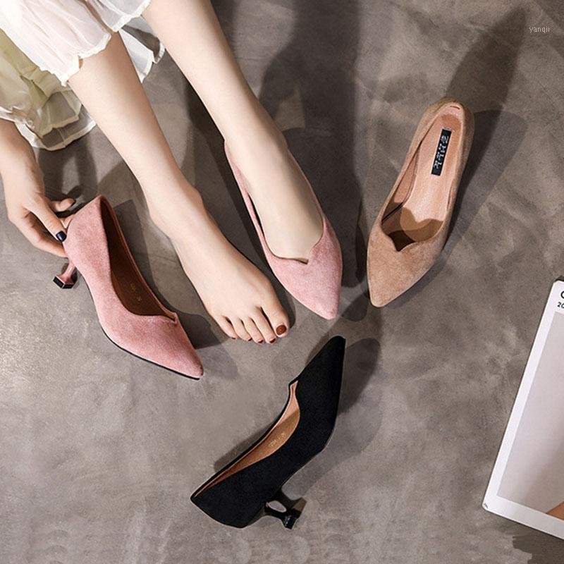 

Pointy toe black flock dress shoes women solid shallow offices stilettos 2020 pink v-open high heels woman pumps over size 41-451