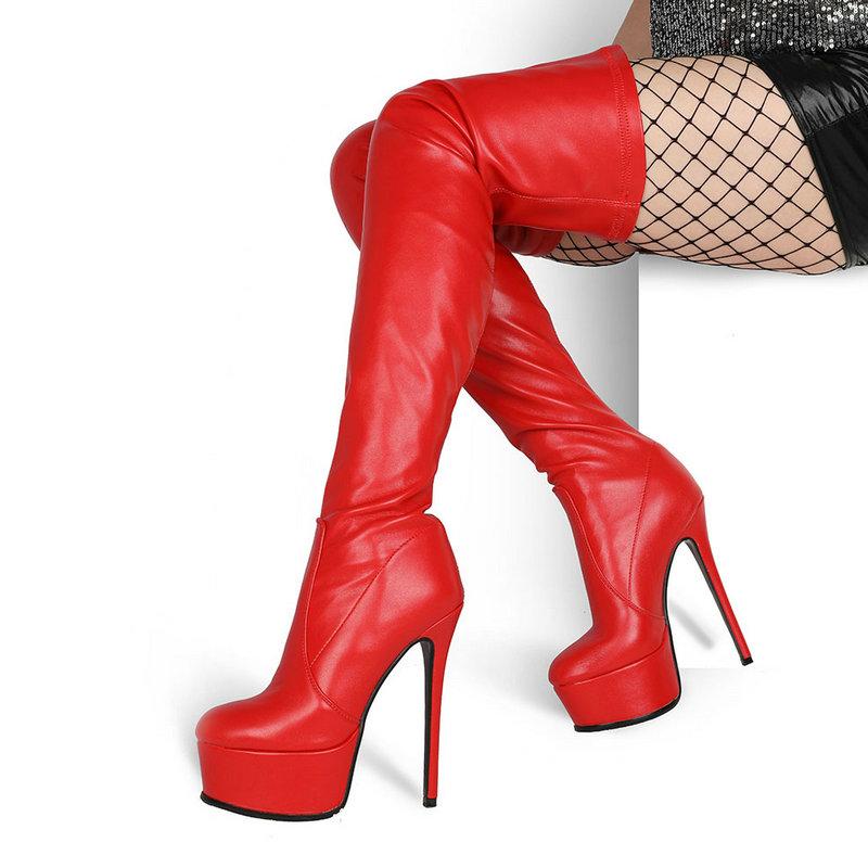 

Sexy Super 15CM Over The Knee Boots Women PU Leather Zipper Long Boots Fashion Platform Round Toe Autumn Winter Thigh, Black